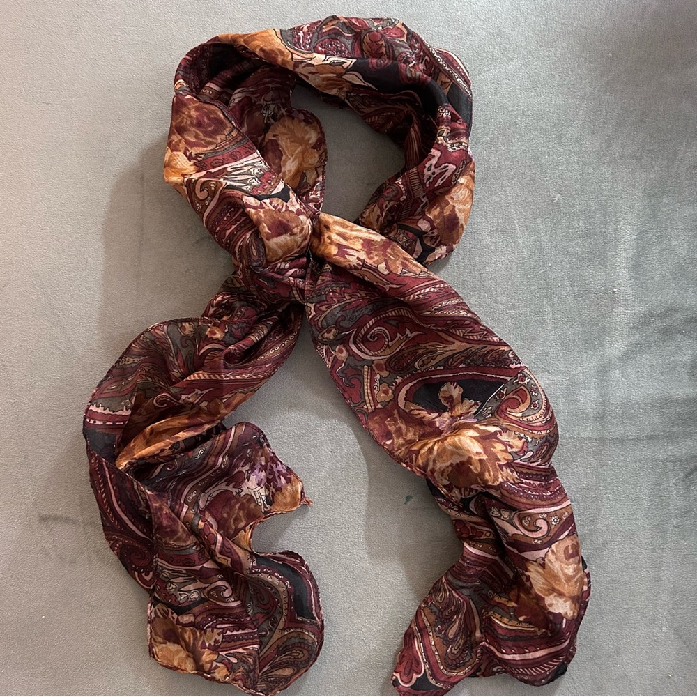 Brown paisley pattern silk scarf 12” x 60”